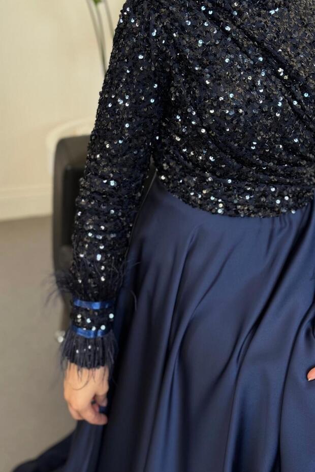 Samar Üst Pullu Drapeli Abiye Lacivert - 4