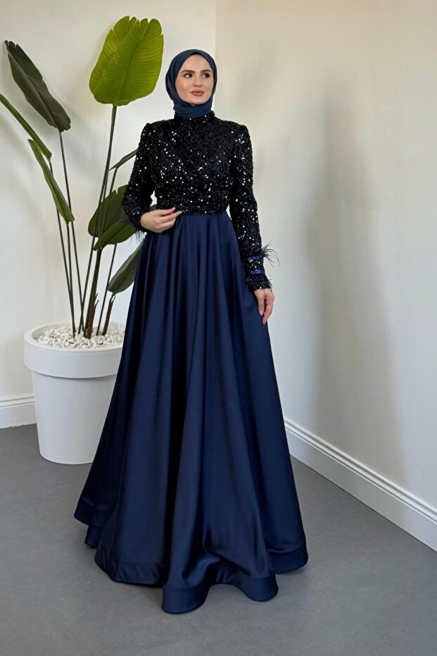 Samar Üst Pullu Drapeli Abiye Lacivert - 1