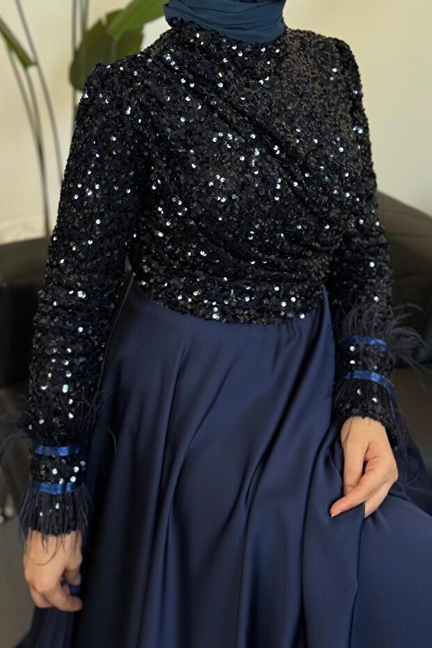 Samar Üst Pullu Drapeli Abiye Lacivert - 3