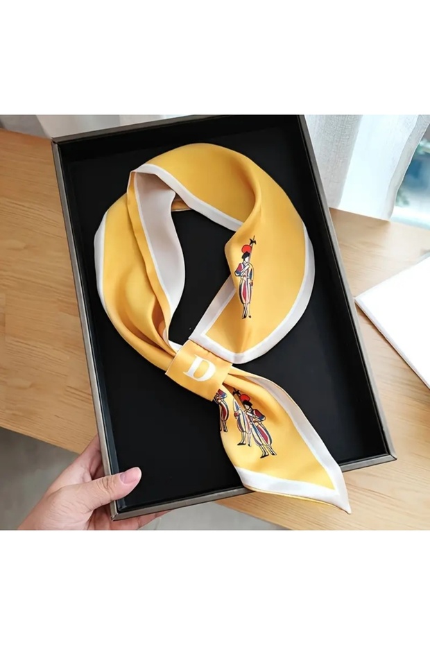Teachers' Day - Yellow and White Patterned Silky Textured Scarf with Borders - Gift Boxed -