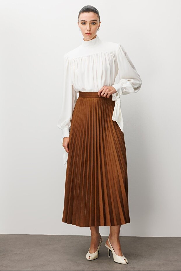 MODAİLGİ Pliseli Uzun Süet Etek 30005 Taba - 6