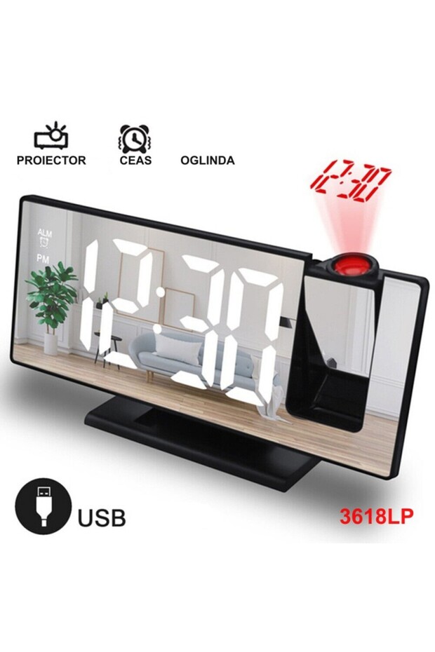 Mirror Projection Clock 3618LP, White - 3