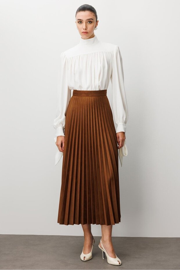 MODAİLGİ Pliseli Uzun Süet Etek 30005 Taba - 3