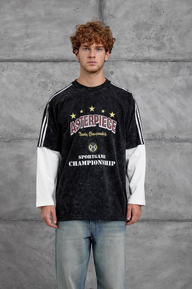 سويت شيرت رجالي ASTERPIECE أسود كبير الحجم مطبوع