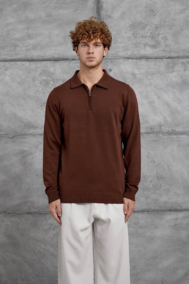 Men's Knitwear 251 Half Zipper Polo Brown Oversize Zippered Knitwear Fabric