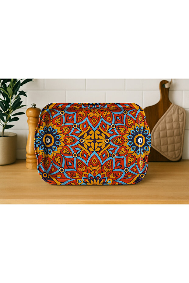 Floral Evil Eye Bead Pattern Metal Tray Tea Coffee Tray - Presentation Tray