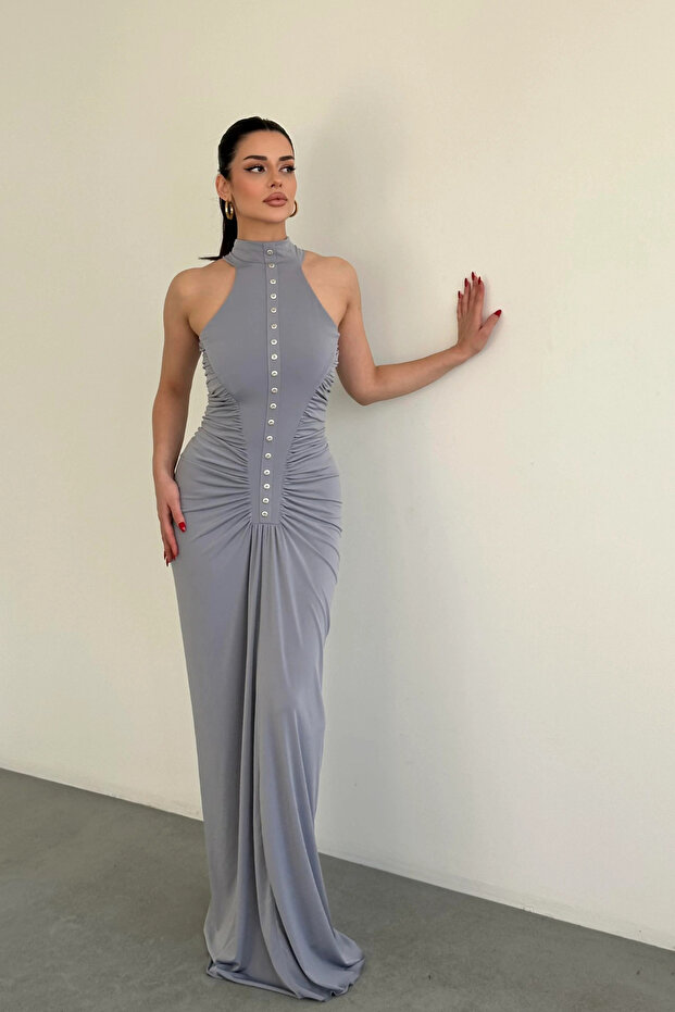 Drapeli Düğmeli Uzun Elbise - 2