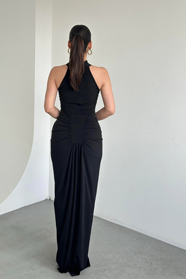 Drapeli Düğmeli Uzun Elbise - 3