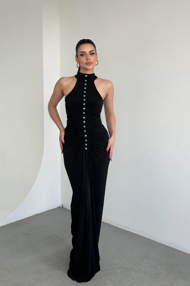 Drapeli Düğmeli Uzun Elbise - 1