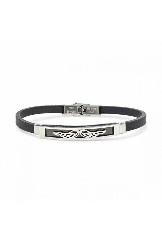 Men's Angel Wing Figured Silicone Cord Steel Bracelet