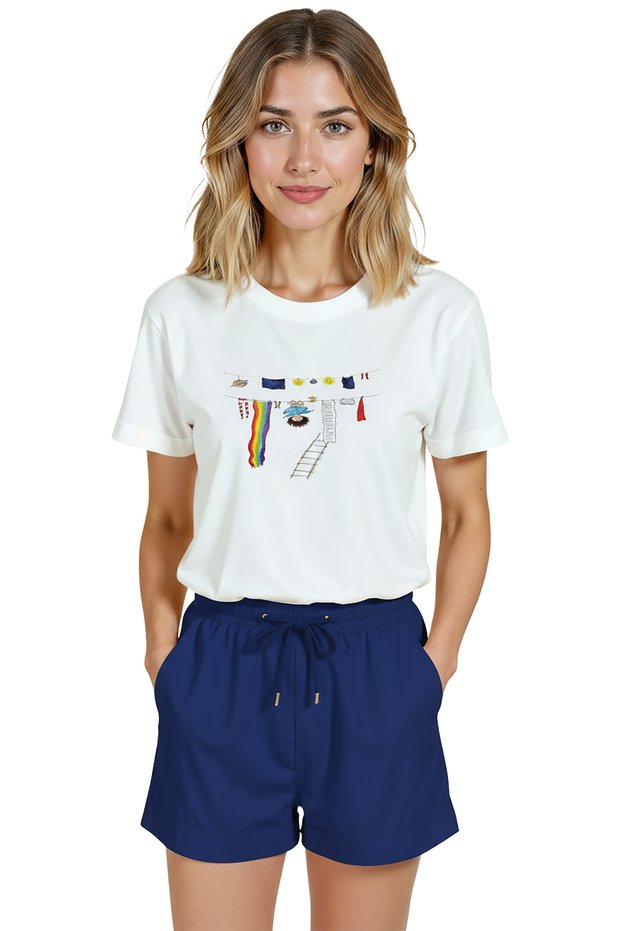 Women's White Relaxed Fit 100% Cotton T-Shirt – Laundry Line & Colored Watercolor Composition
