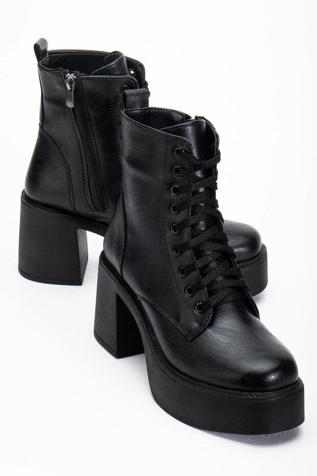 Black Women's Platform Heeled Boots Lace-Up Zippered