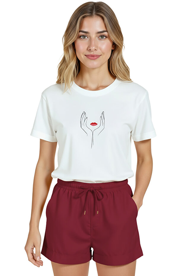 Women's White Relaxed Fit 100% Cotton T-Shirt – Thin Line‑Art Hands & Red Lips Printed