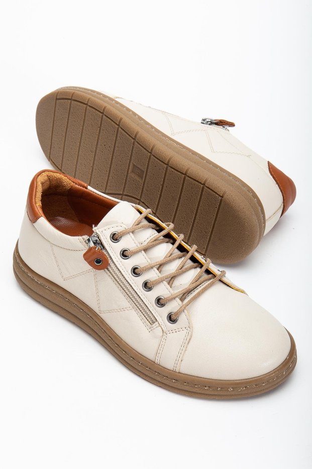 Beige Genuine Leather Orthopedic Women's Casual Shoes Zippered Lace-Up