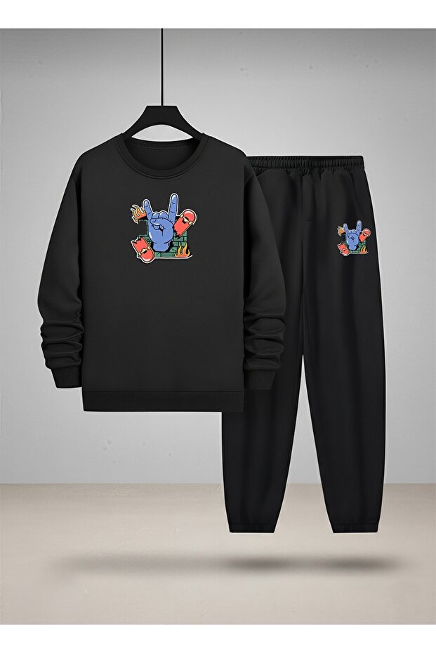 Boy's Sweatshirt - Tracksuit Set Crew Neck Blue Rock B Printed 3 Thread Raised