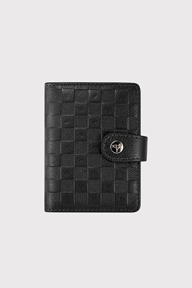 Beijing Genuine Leather Unisex Black Card Holder Wallet with Plenty of Card Holders and External Placket