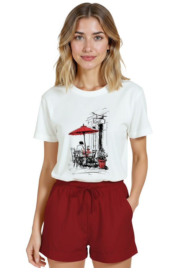 Women's White Relaxed Fit 100% Cotton T-Shirt – Watercolor Cafe Terrace & Red Umbrella Printed