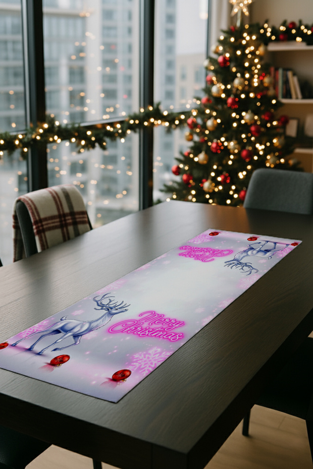 Silver Deer and Merry Christmas Written Christmas Themed Runner Premium Digital Printing Tablecloth