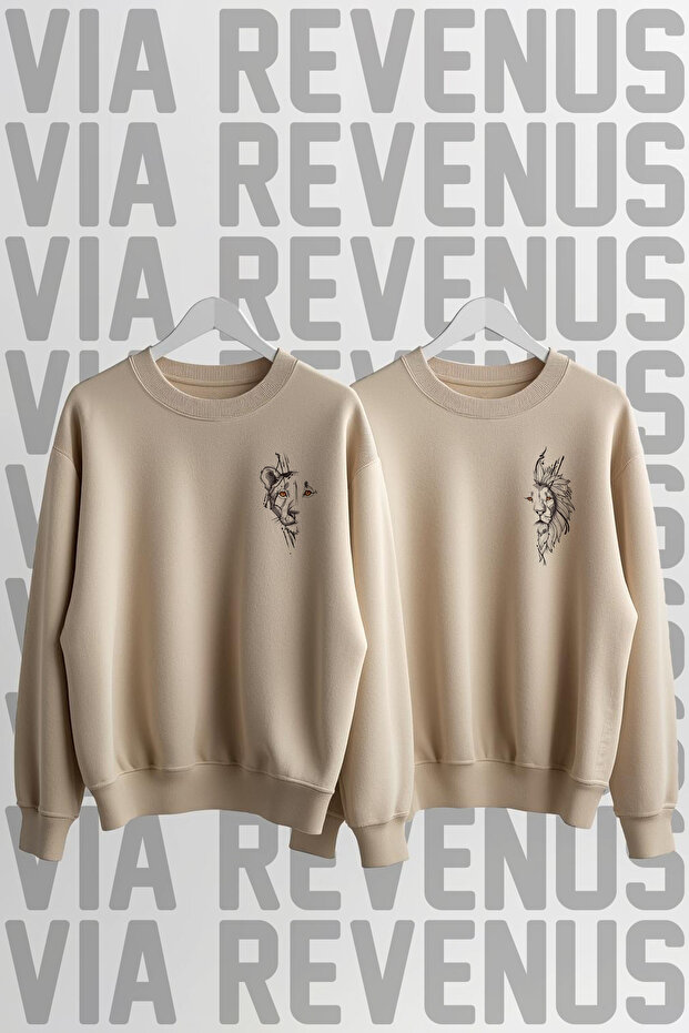 Aslan Çiftler Printed Crew Neck 3 Thread Ş Fleece-Lined Wide Fit Lover Combination Sweatshirt