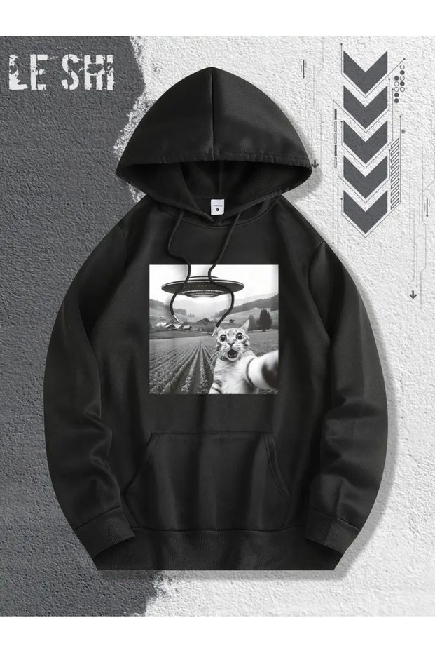 0 Ufo and Alien Cat Graphic Printed Comfortable Hooded Sweatshirt