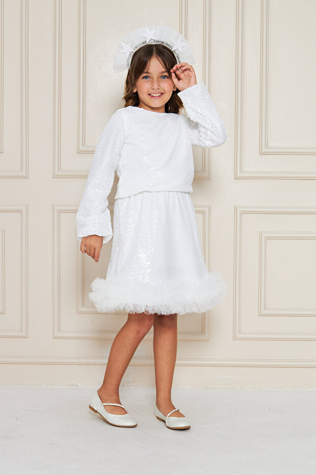White Sequined Long Sleeve Girls Evening Dress