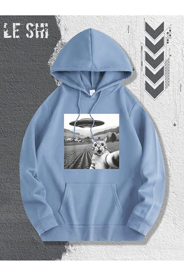 0 Ufo and Alien Cat Graphic Printed Comfortable Hooded Sweatshirt