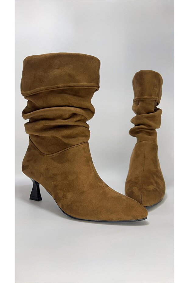 Larina Women's Beige Suede Short Heeled Boots