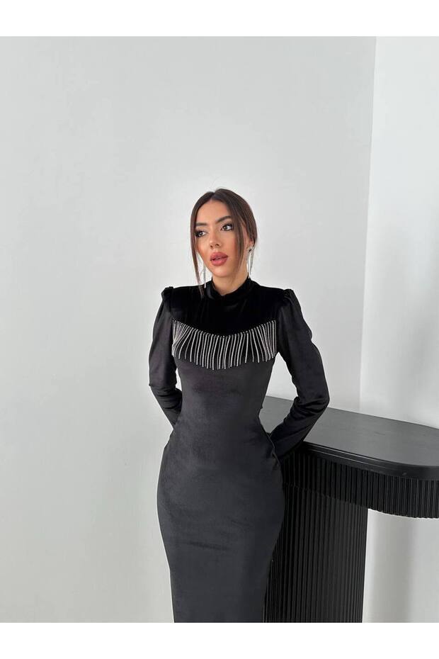 Kadife Işıltılı Elbise - 2