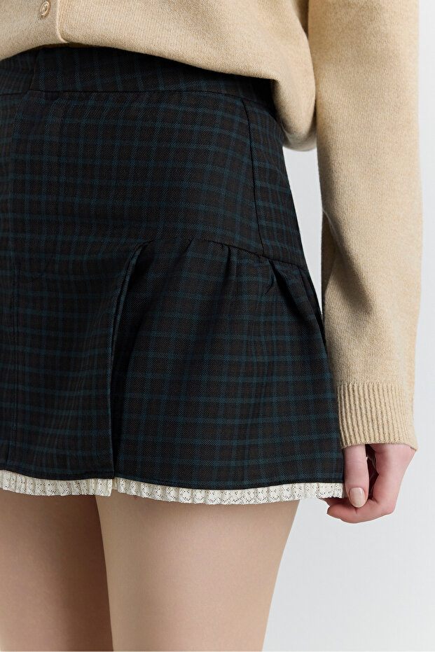 Kareli Dantelli Mini Şort Etek - 4