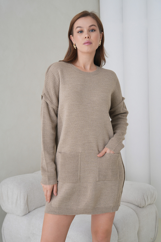 Women's Long Sleeves Self Textured Crew Neck Tunic Oversized Stylish Winter Knitwear Sweater Dress with Pockets