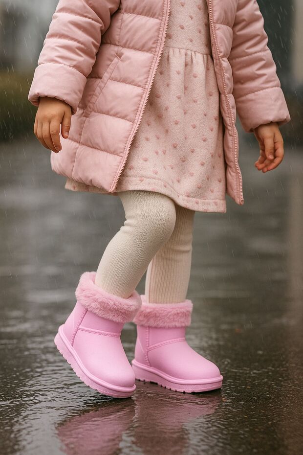 Girls' Extra Lightweight, Flexible and Soft Pink Color Rain Boots with Fur Inside