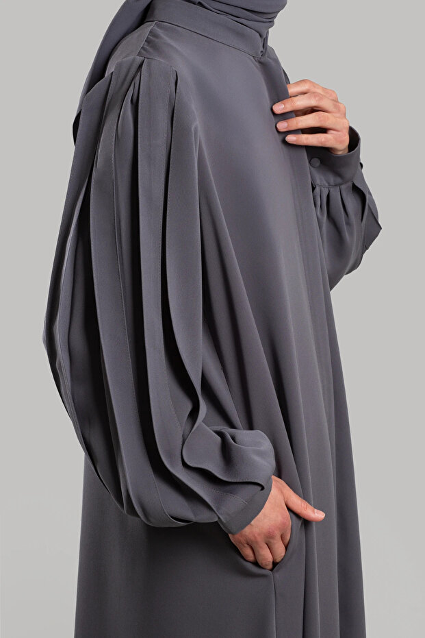 Piliseli Kol Fermuarlı Ferace - Soft Gri - 7