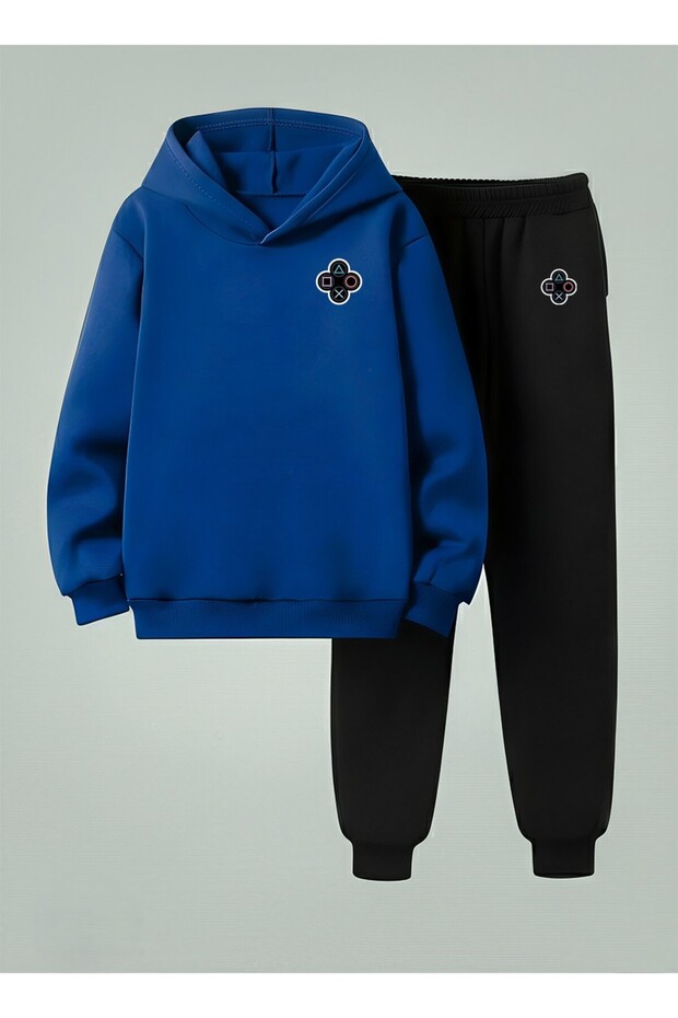 Boy's Hooded Set Cufflinks B Printed 3 Thread Sha Fleece-Lined Weatshirt - Tracksuit Set