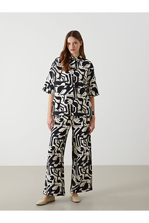 Patterned Wide Leg Women's Trousers with Elastic Waist