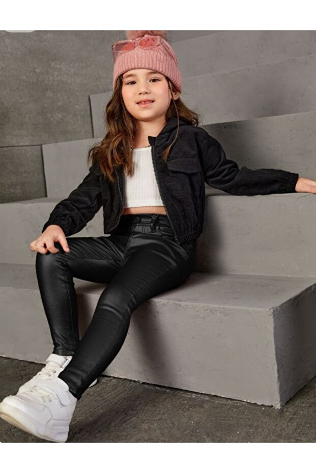 Children's Black Fleece-Lined Leather Leggings