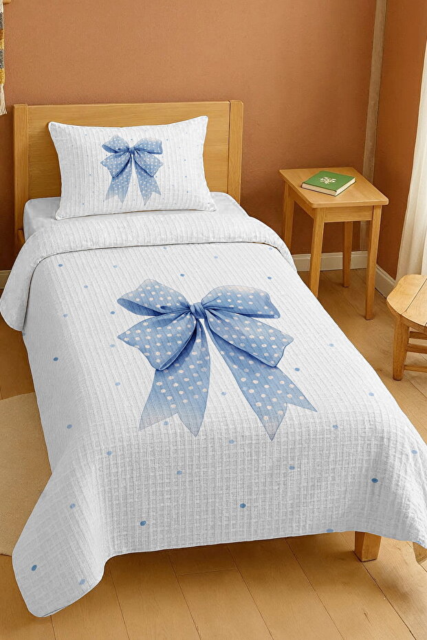 100% Cotton Blue Polka Dot Bow Patterned Single Pique Set