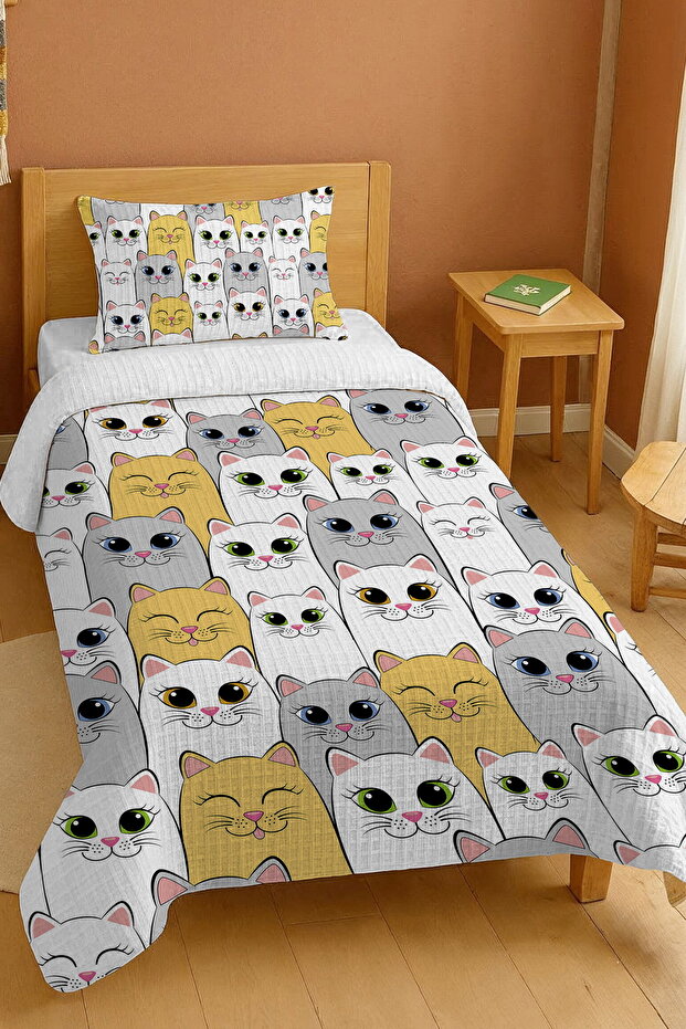 100% Cotton Cute Yellow Gray Cats Patterned Single Pique Set