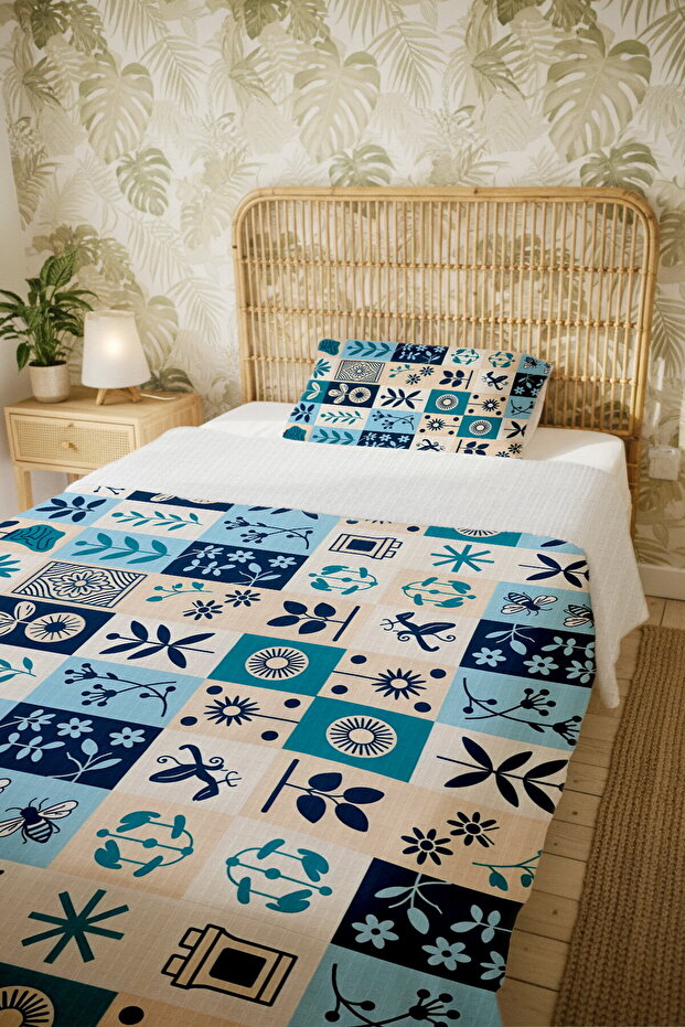 100% Cotton Leaf Print Patterned Single Bedspread Set - 5