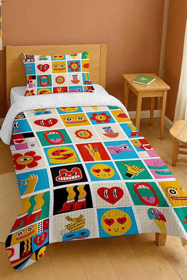 100% Cotton Modern Emoji Patterned Twin Bedspread Set