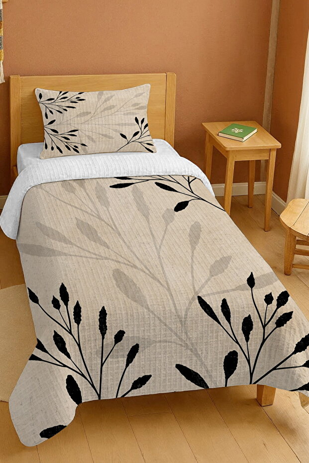 100% Cotton Black Leaves Patterned Single Pique Set