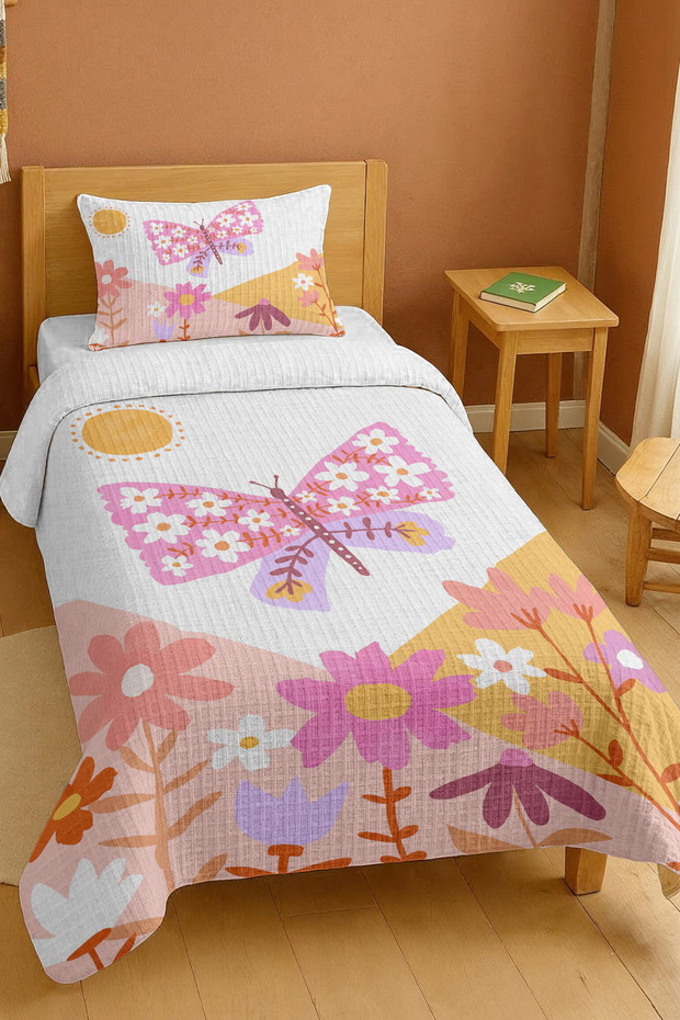 100% Cotton Daisy Pink Butterfly Patterned Single Pique Set