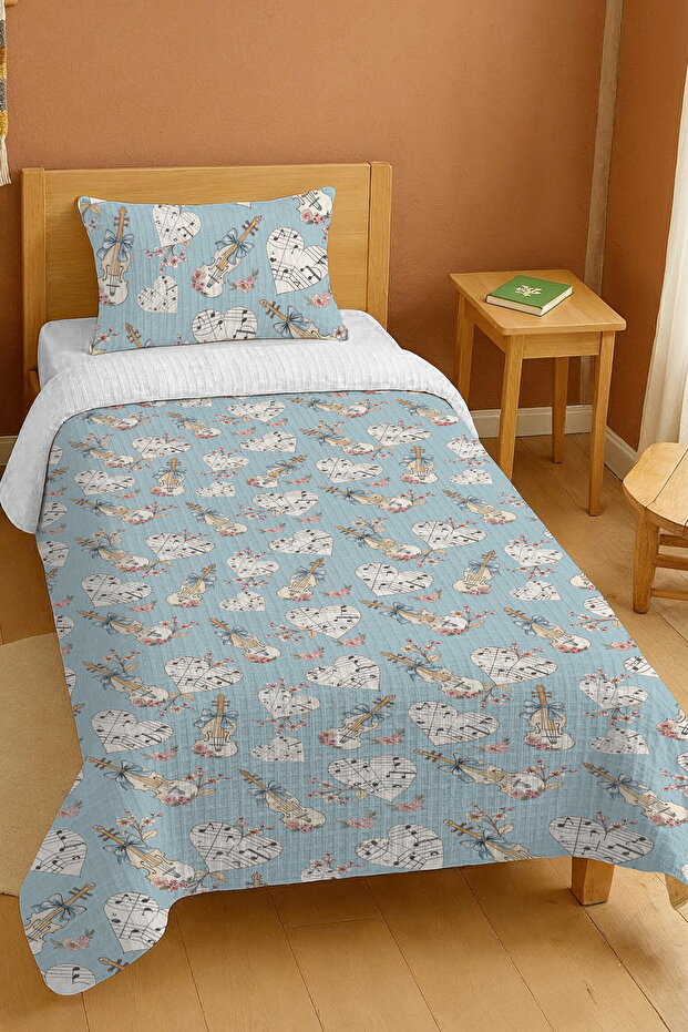 100% Cotton Blue Melody Patterned Single Pique Set