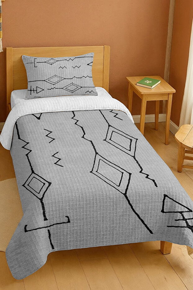 100% Cotton Ethnic Gray Stripe Patterned Single Pique Set