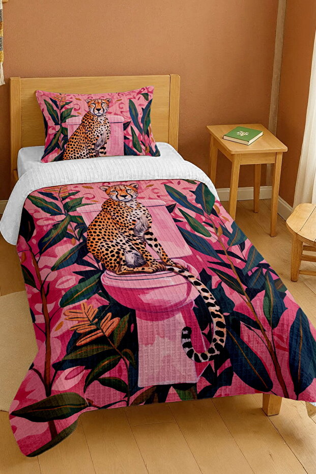 100% Cotton Pink Leopard Patterned Single Pique Set in the Toilet