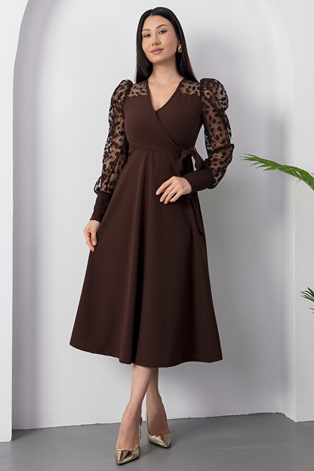 Degaje Yaka Kollar Floklu Krep Elbise 2025-4376 - 6