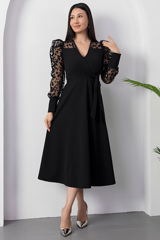 Degaje Yaka Kollar Floklu Krep Elbise 2025-4376 - 5