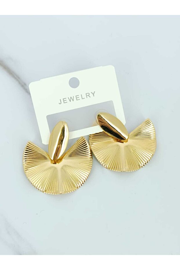 Brass Gold Color Serrated Fan Model Dangle Earrings