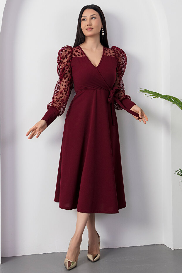 Degaje Yaka Kollar Floklu Krep Elbise 2025-4376 - 5