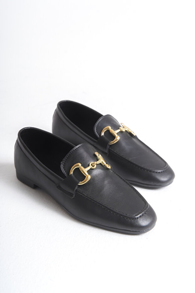 Women's Loafer Ballet Flats with Buckle Black Leather