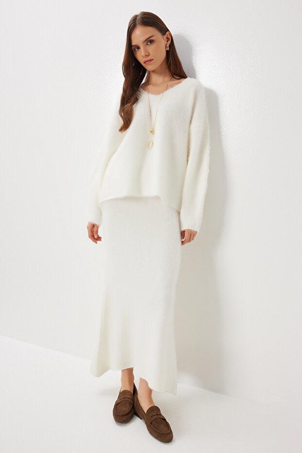 Wool Blend Sweater Skirt Knit Set LKİ0039 ECRU